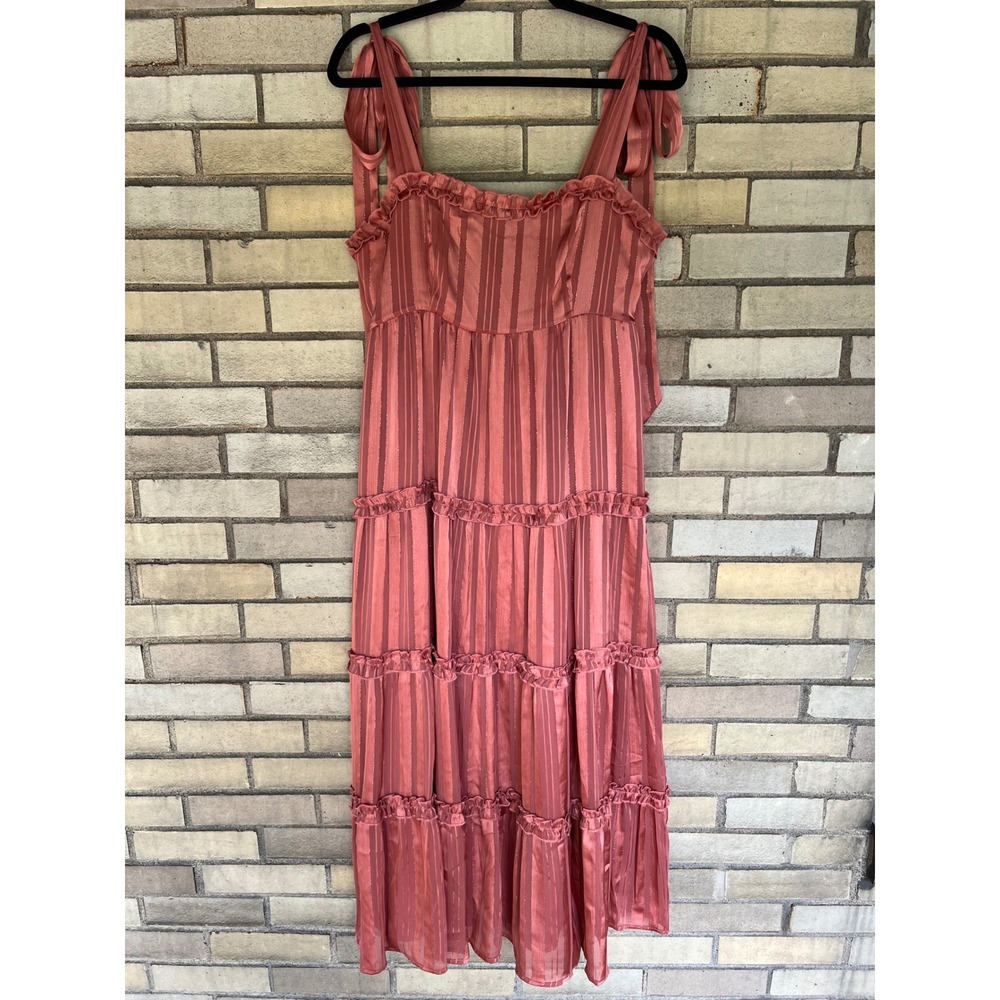 Lulus Rose Pink Metallic Striped Tiered Tie-Strap Midi Maxi Dress Size Medium ZQ - Picture 5 of 11